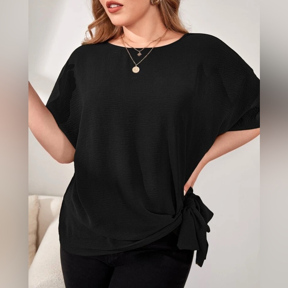 SHEIN Black Plus Batwing Sleeve Knot Side Tie Blouse 4X